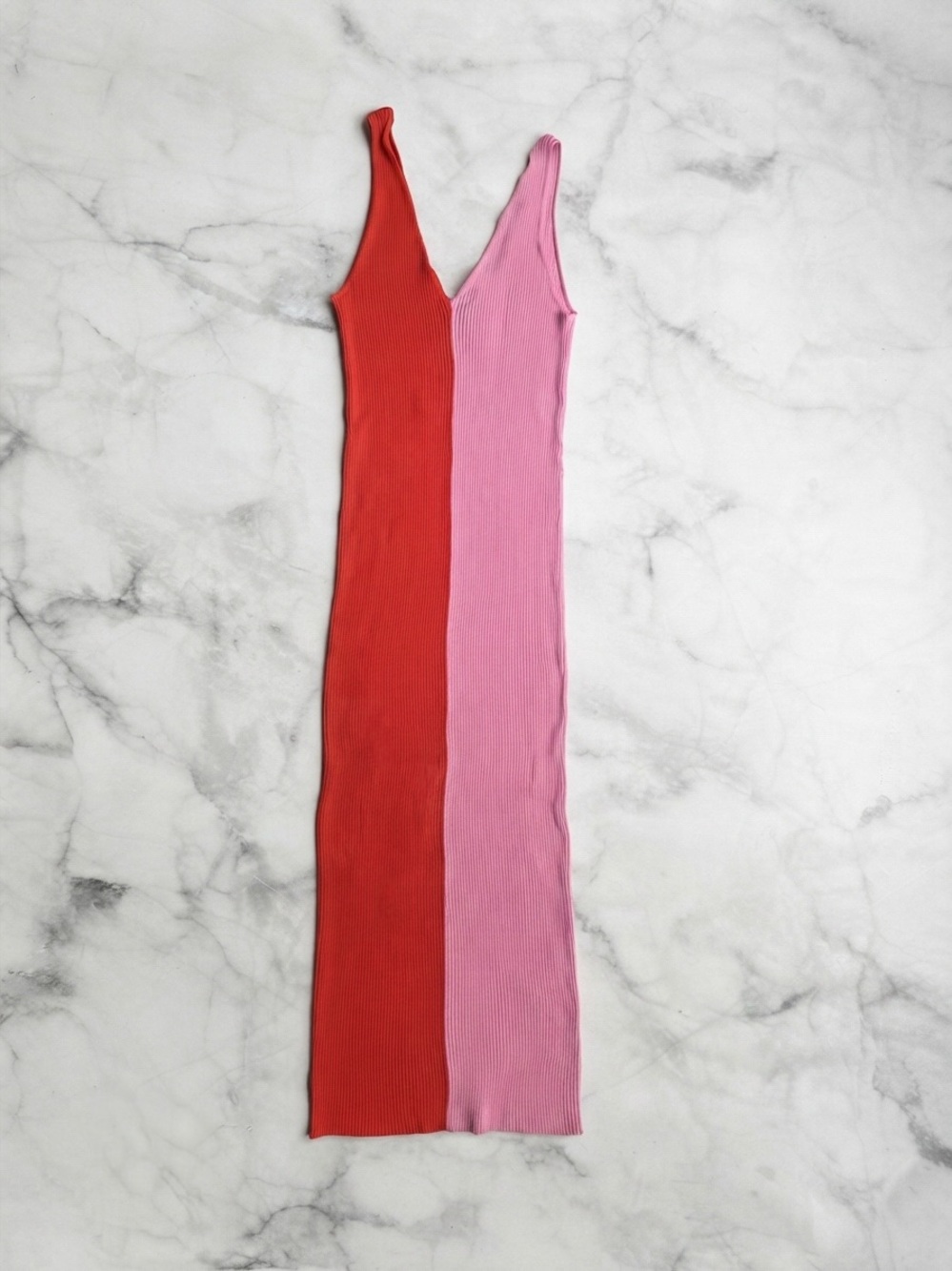 STAUD Two-Tone Ribbed V-Neck Maxi Dress in Red and Pink